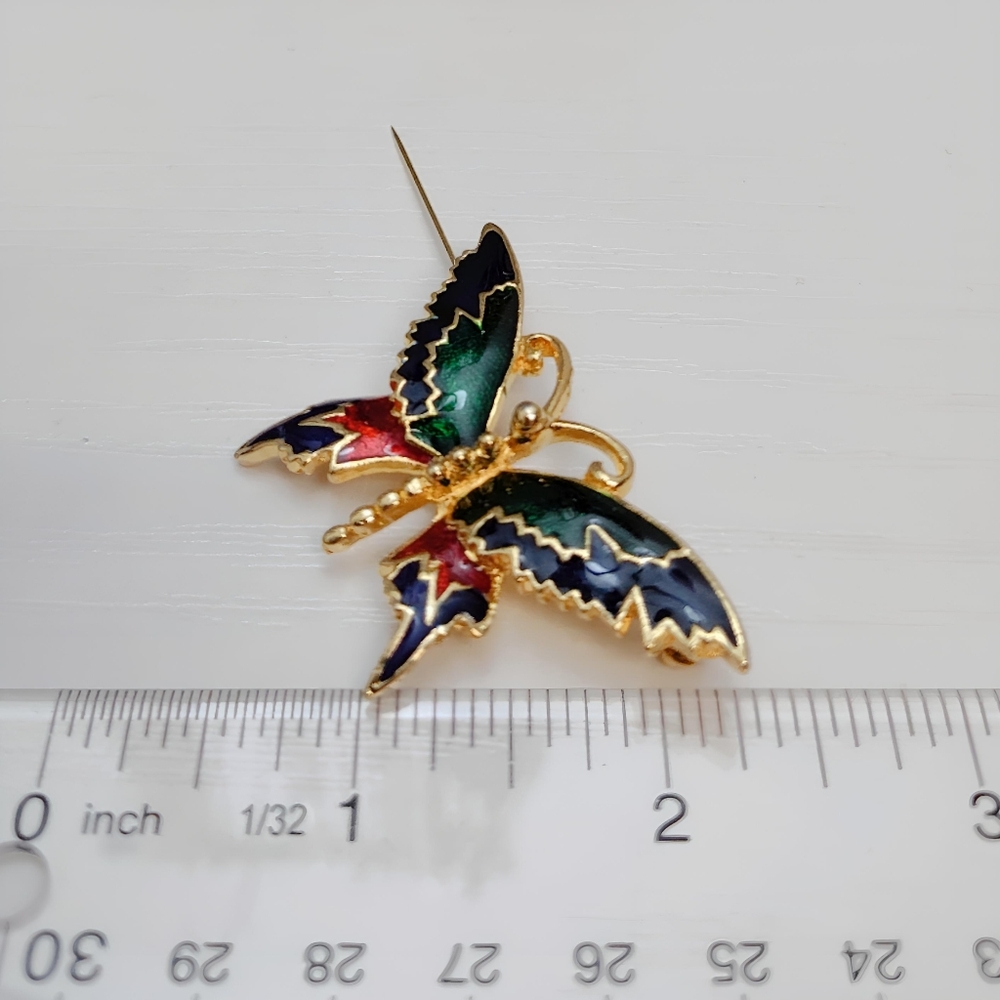 💎 2/$15 Gold tone Multi color Enamel Butterfly Brooch Pin Blue Green Red - Picture 5 of 7